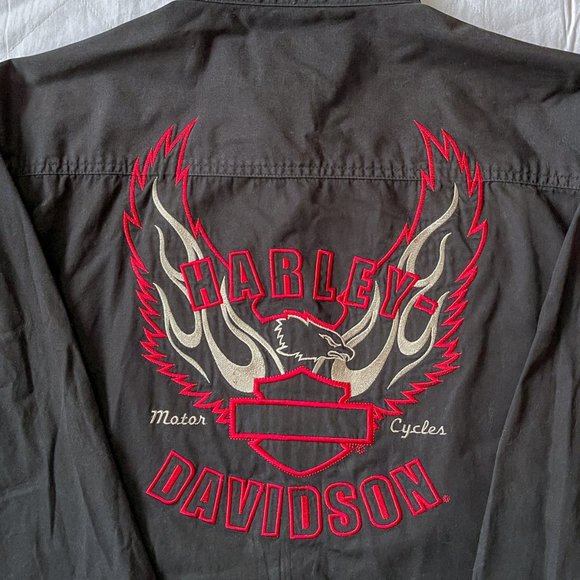 Harley Davidson Work Shirt Mens L Button-Down Long Sleeve Black Red Embroidered - Picture 6 of 11